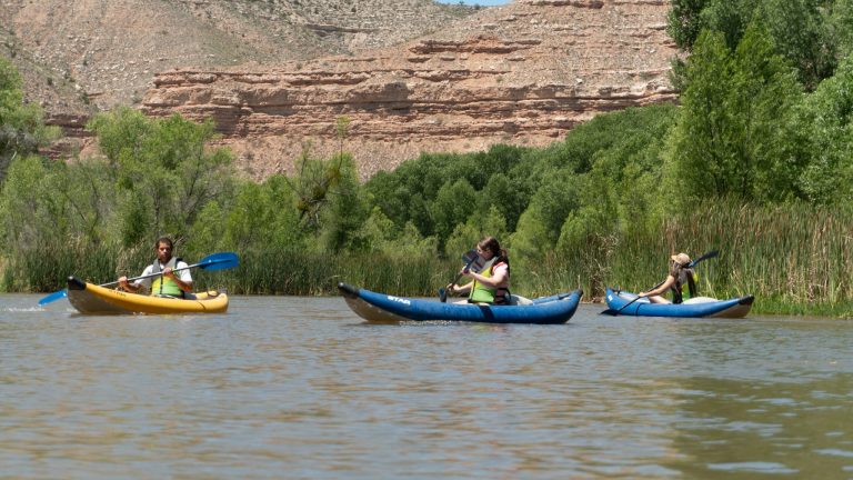 Three people kayaking on a river surrounded by trees and cliffs.