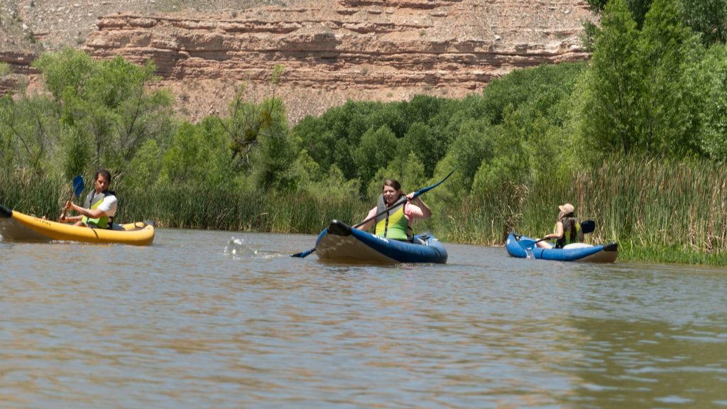 Three people kayaking on a river with rocky cliffs and trees in the background.
