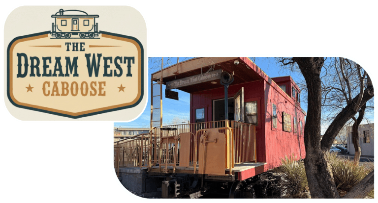 Red caboose with patio, Dream West Caboose logo in upper left corner.