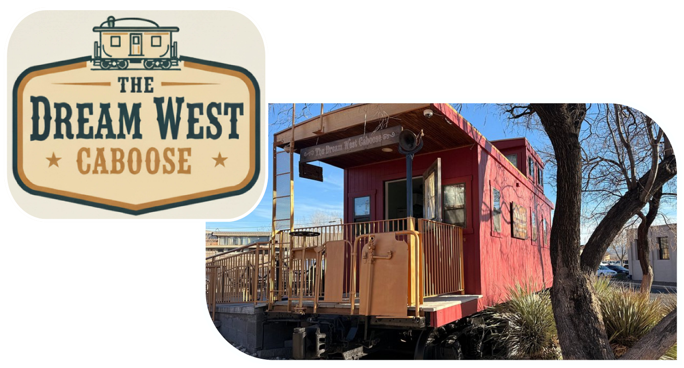 Red caboose with patio, Dream West Caboose logo in upper left corner.
